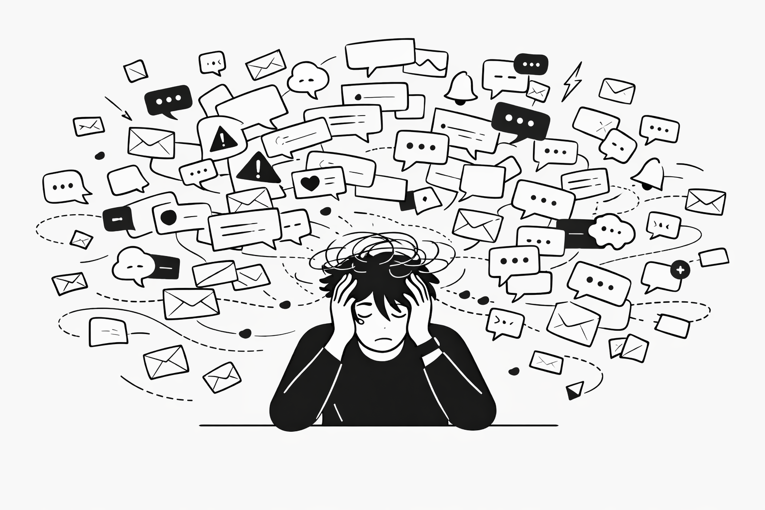 Illustration of a support operator overwhelmed by incoming chat messages in customer support.