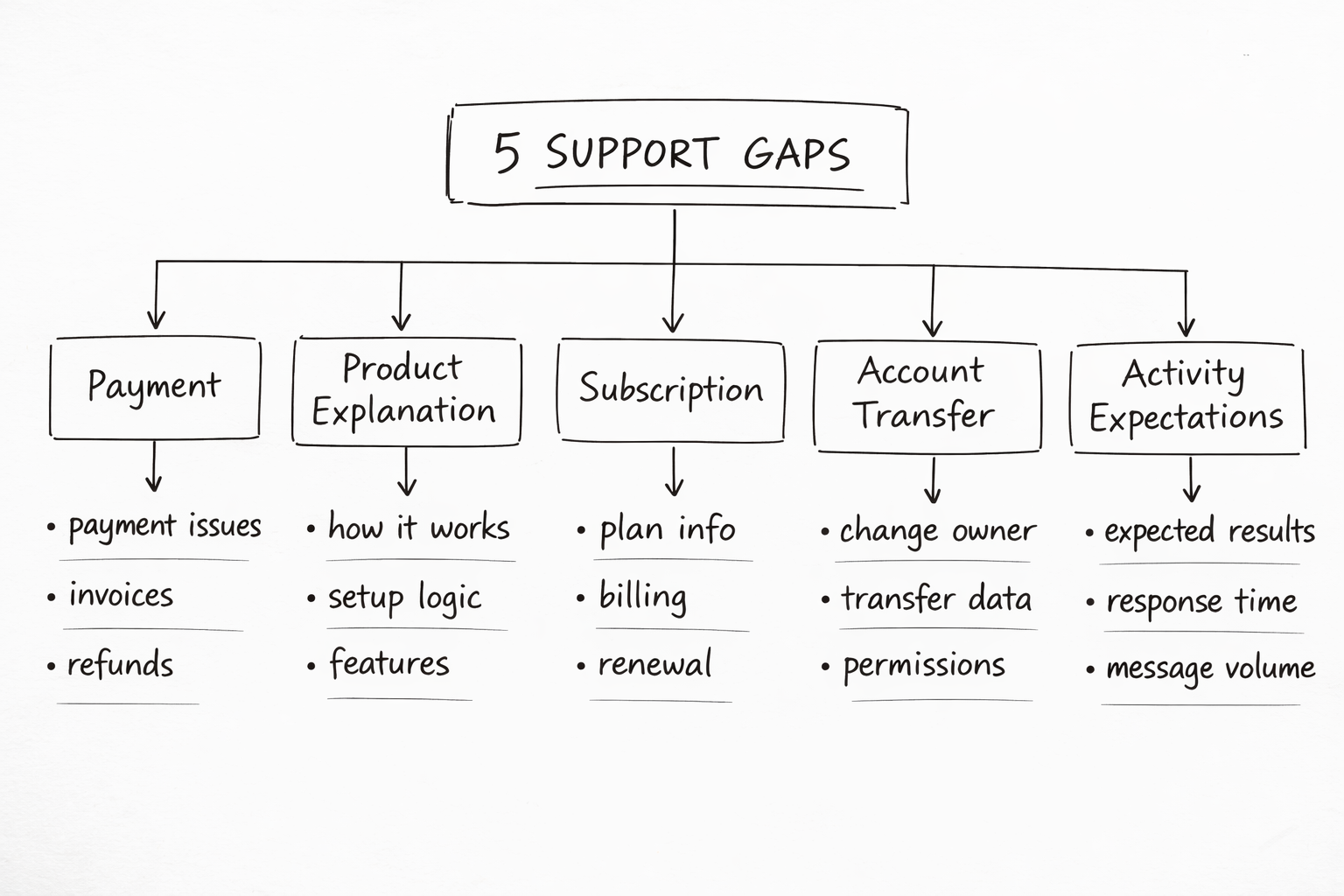 Diagram showing five common support areas: payment, product explanation, subscriptions, account transfer, and activity expectations.